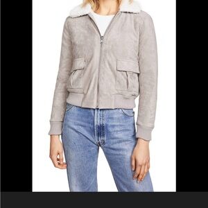 cupcakes & cashmere Reversible Light Tan Bomber Jacket Faux Fur Collar New S/M